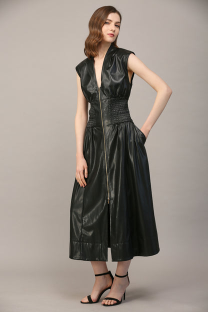 faux leather v-neck smocked waist a-line midi dress