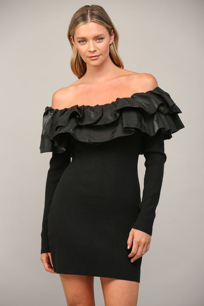 ruffle off the shoulder long sleeve knit dress