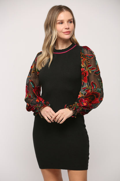 burnout velvet floral sleeve sweater dress