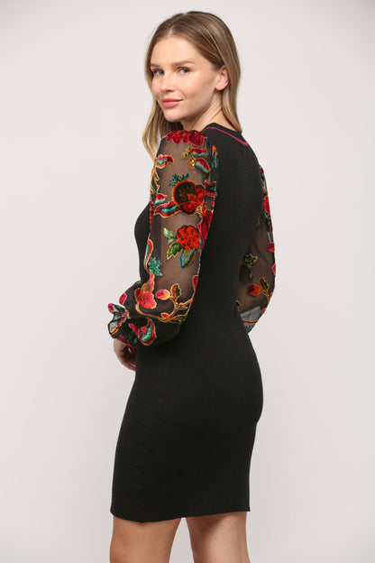 burnout velvet floral sleeve sweater dress