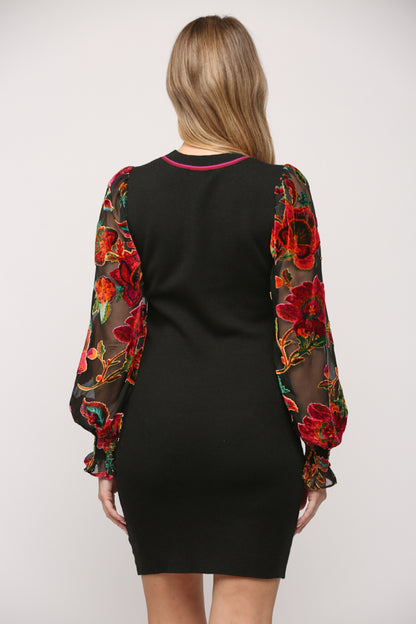 burnout velvet floral sleeve sweater dress