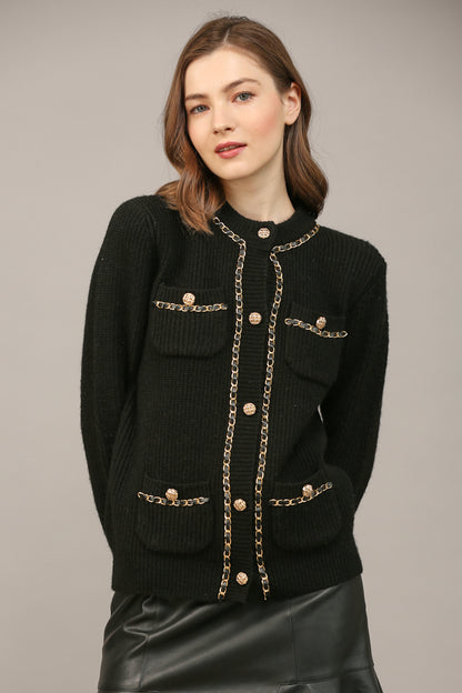 tweed chain & button cardigan