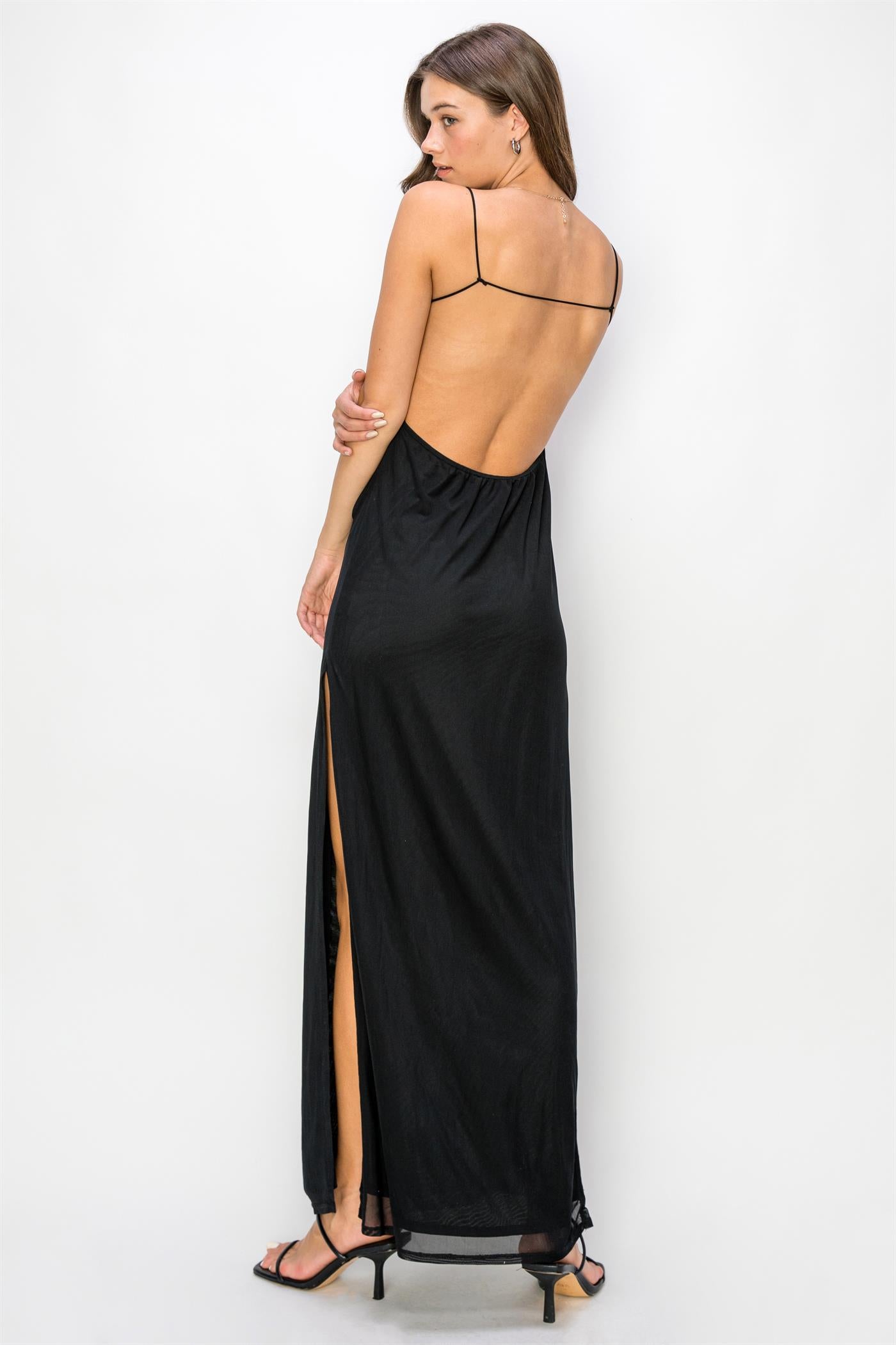 low back sleeveless mesh maxi dress