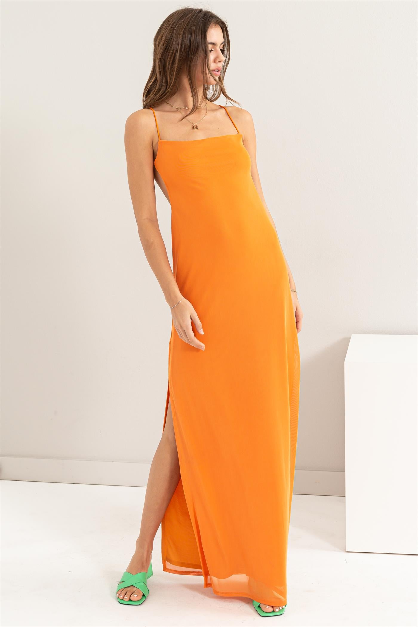 low back sleeveless mesh maxi dress