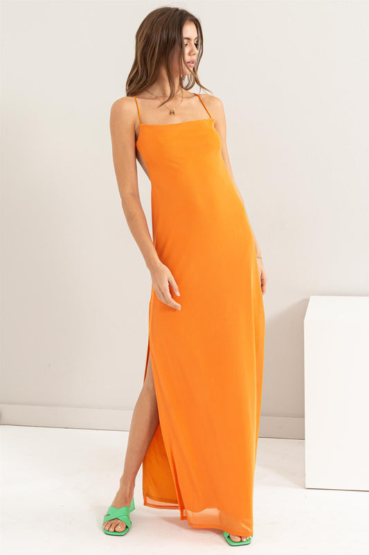 low back sleeveless mesh maxi dress