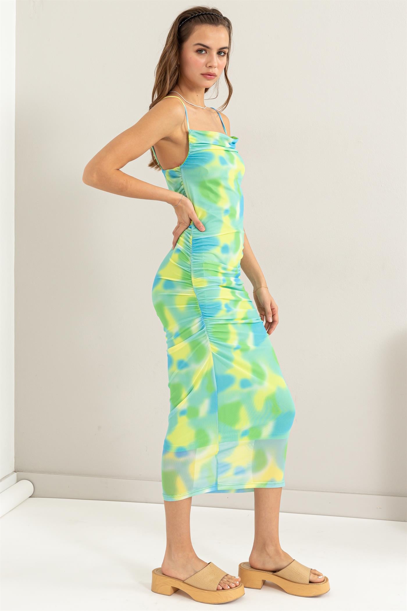 print mesh sleeveless midi dress