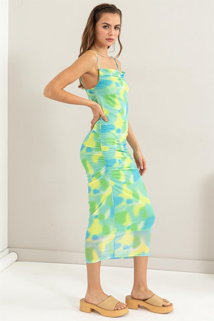 print mesh sleeveless midi dress