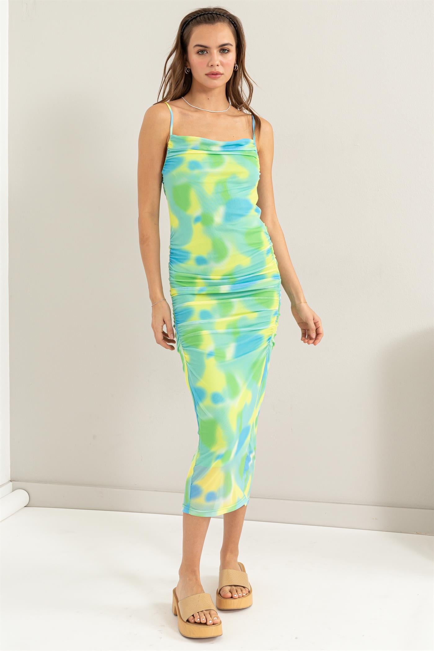 print mesh sleeveless midi dress