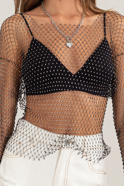 rhinestone fishnet long sleeve crop top