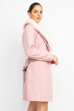 faux fur collar belted trench coat