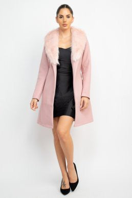 faux fur collar belted trench coat