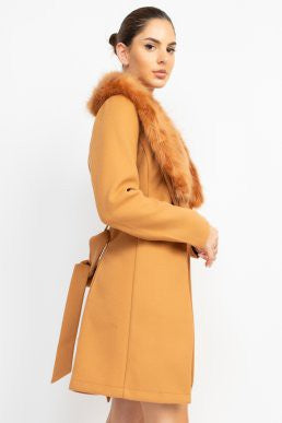 faux fur collar belted trench coat