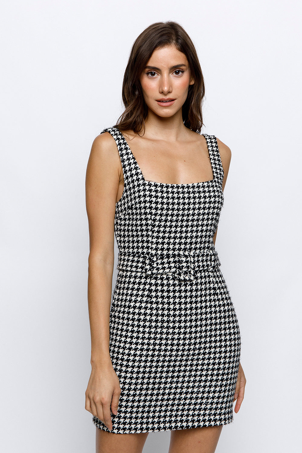 houndstooth sleeveless belted dress