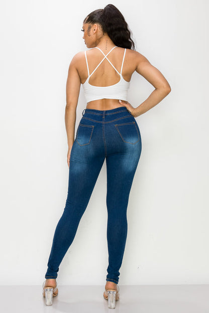 LO-126 INDIGO gold stitch high waist stretch skinny jeans