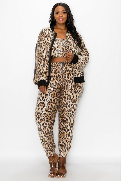 PLUS 3pc set- sequin jogger, tube top, & bomber jacket