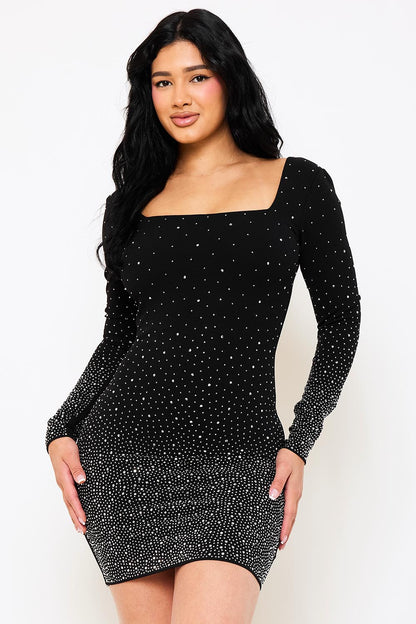 gradient rhinestone long sleeve dress