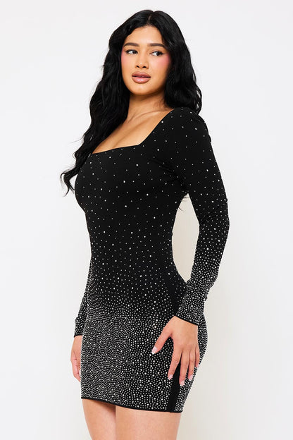 gradient rhinestone long sleeve dress