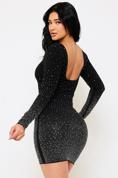 gradient rhinestone long sleeve dress