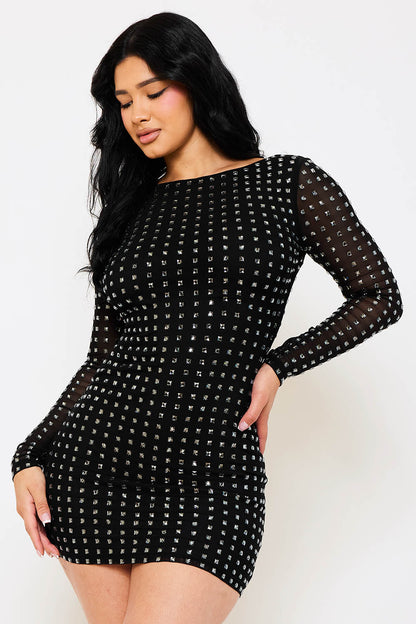 square rhinestone long sleeve scoop back dress