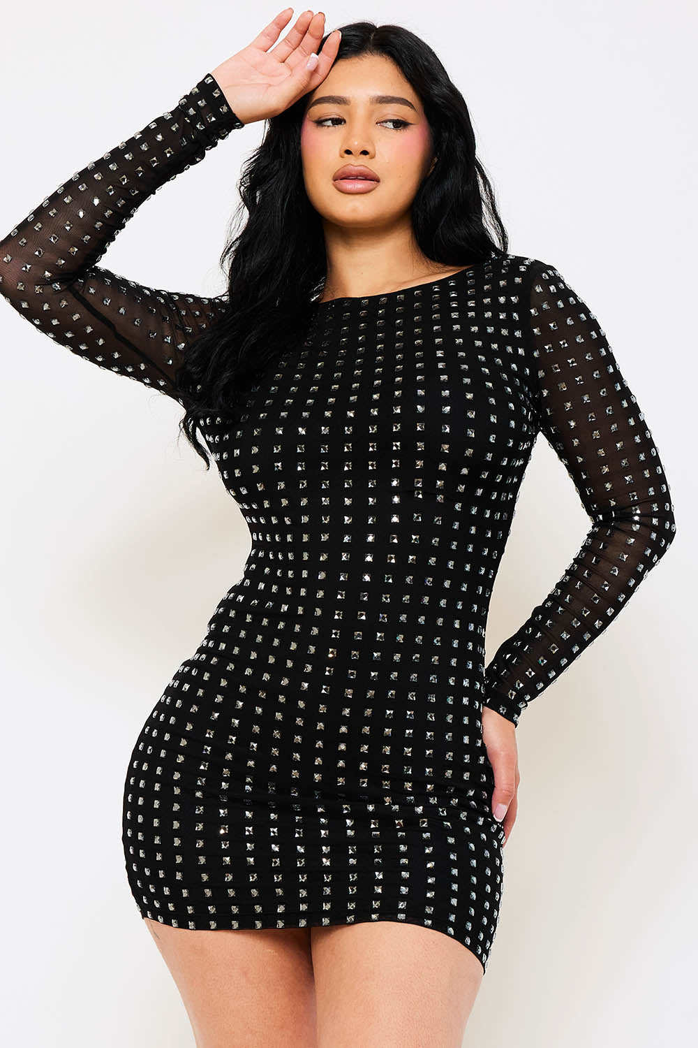 square rhinestone long sleeve scoop back dress