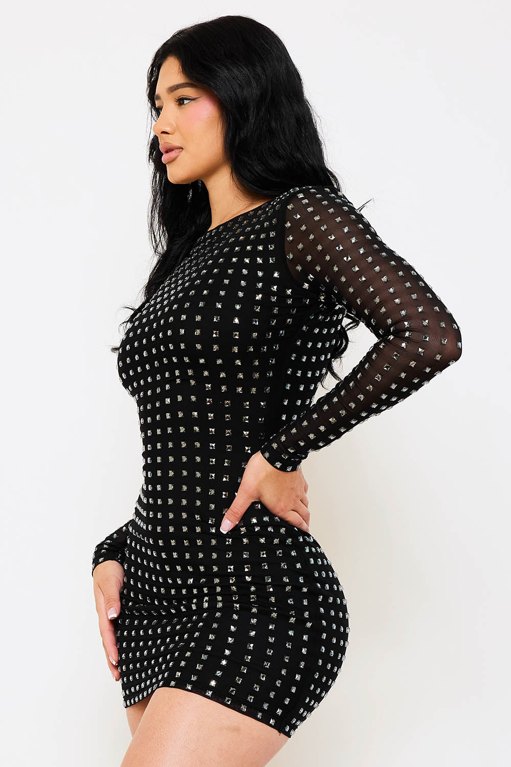 square rhinestone long sleeve scoop back dress