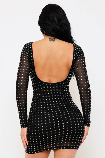 square rhinestone long sleeve scoop back dress