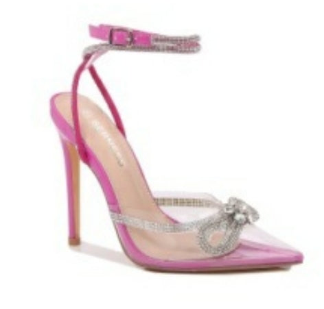 rhinestone bow clear open back pump