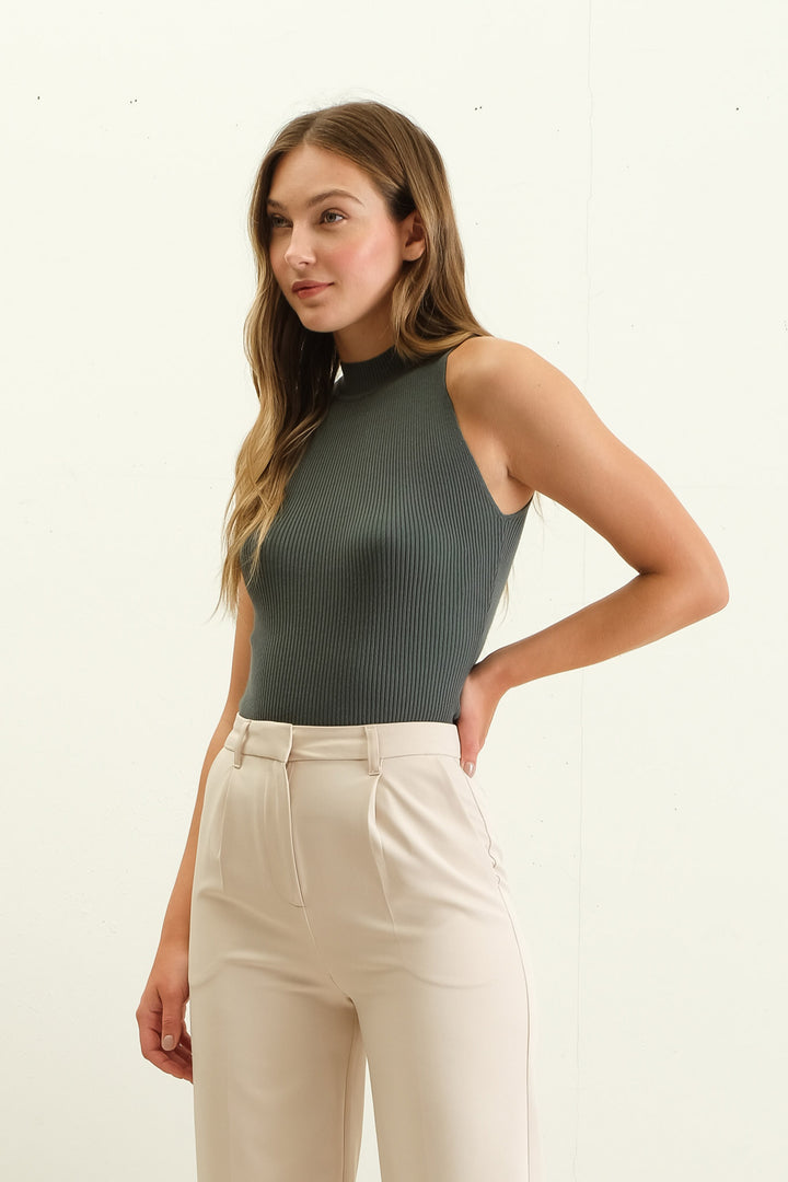 sleeveless ribbed mock neck knit top