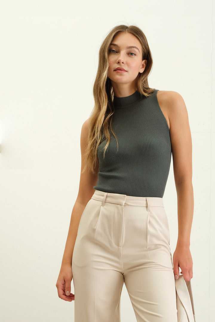 sleeveless ribbed mock neck knit top