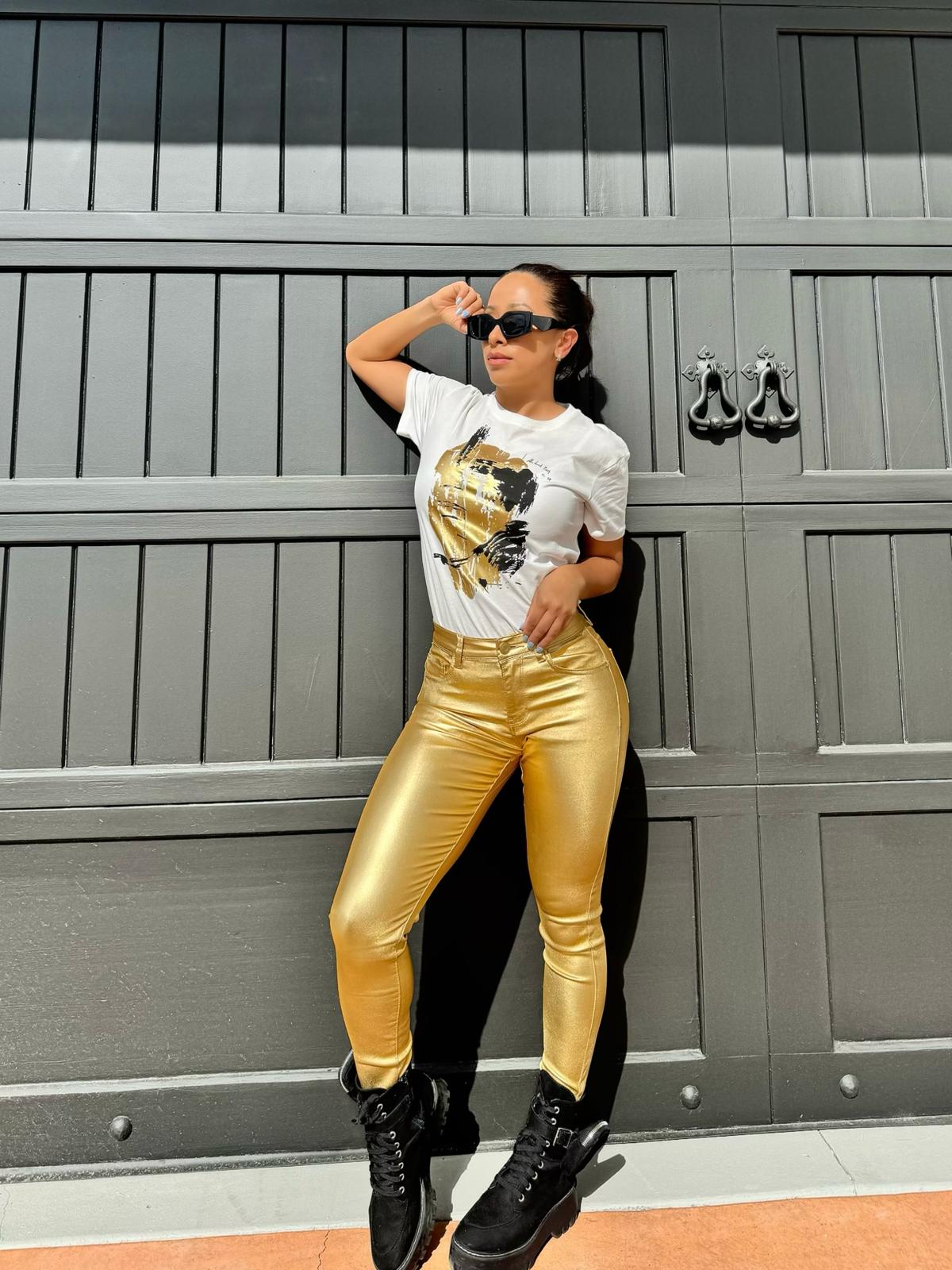 coated metallic skinny jean