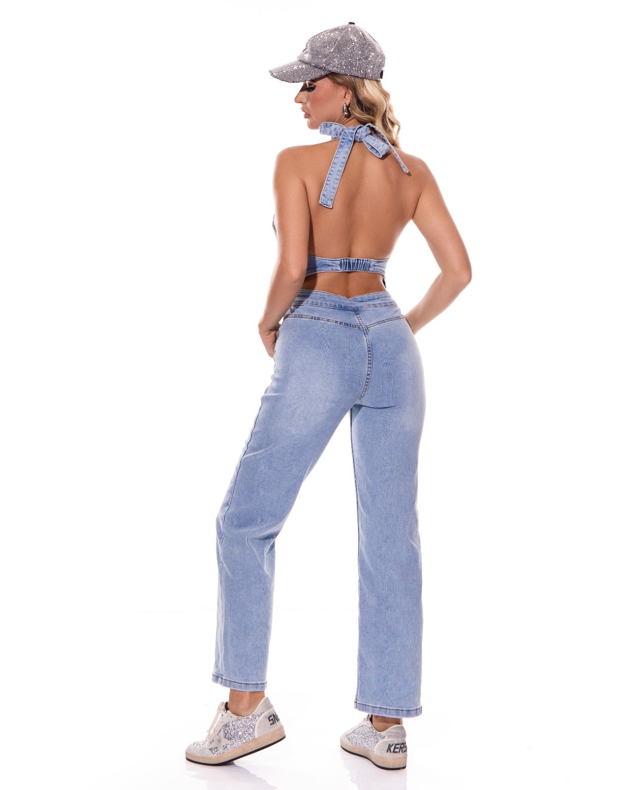 denim halter open back jumpsuit