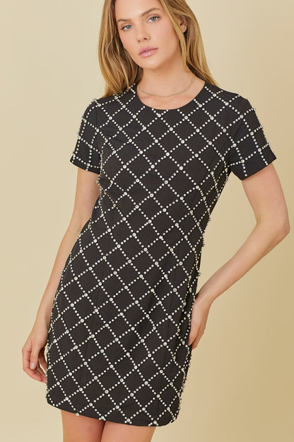 diamond pattern rhinestone short sleeve dress