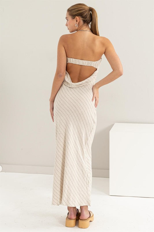 open back stripe linen strapless midi dress