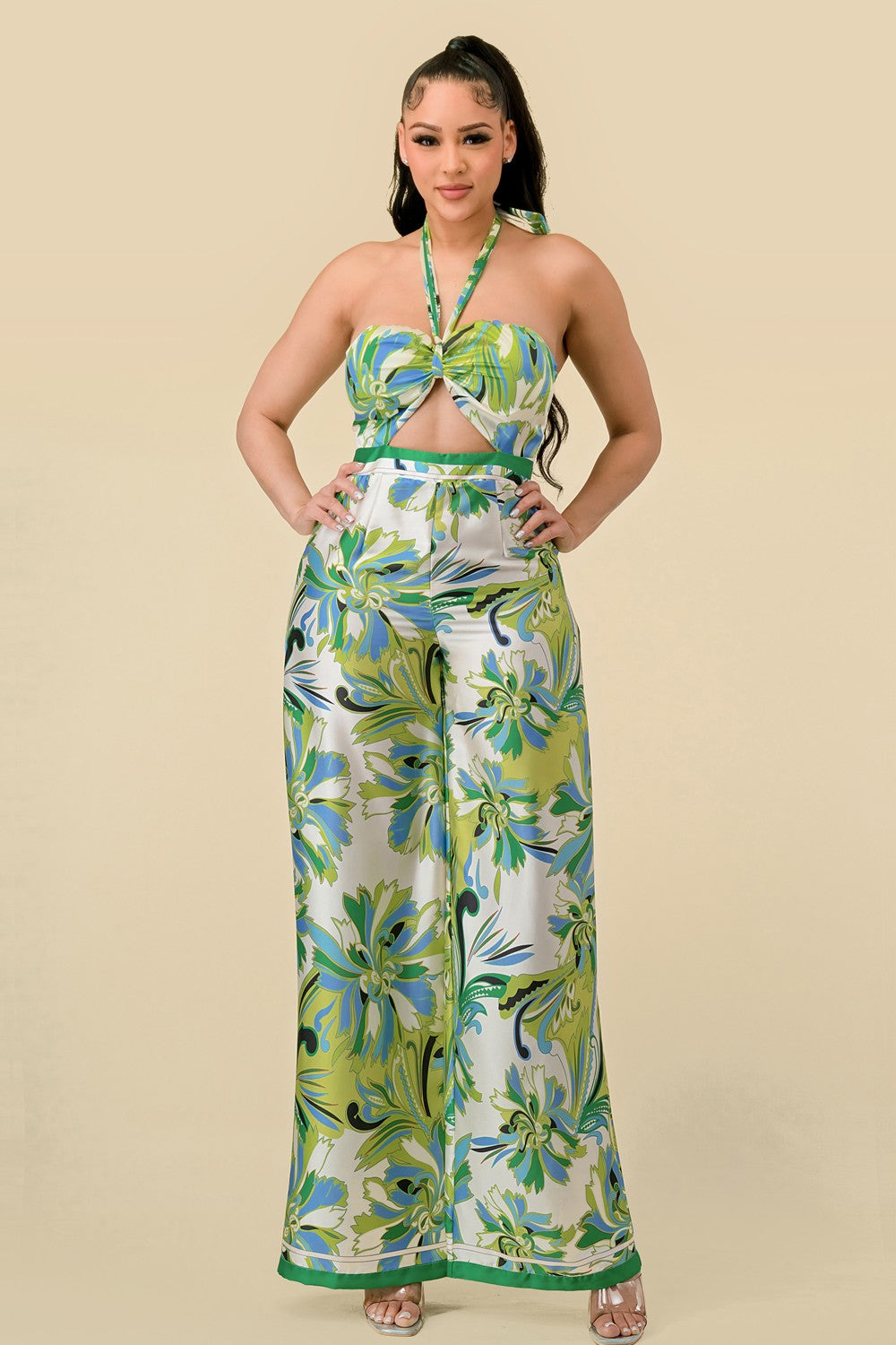 printed cutout satin halter jumpsuit