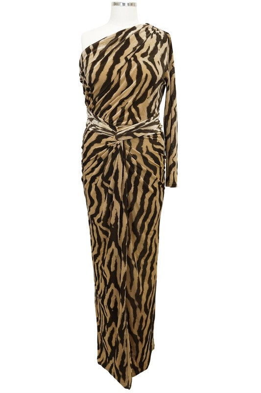 zebra print one shoulder maxi dress