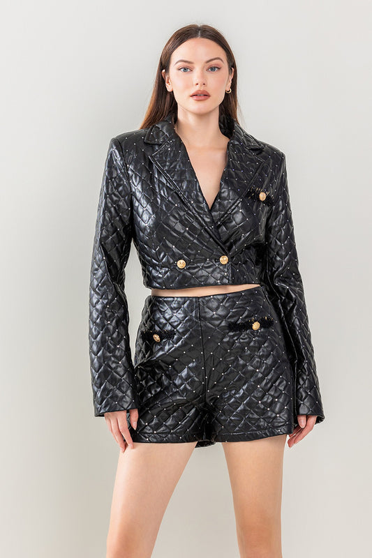 2pc set- faux leather quilted crop jacket & high waist shorts