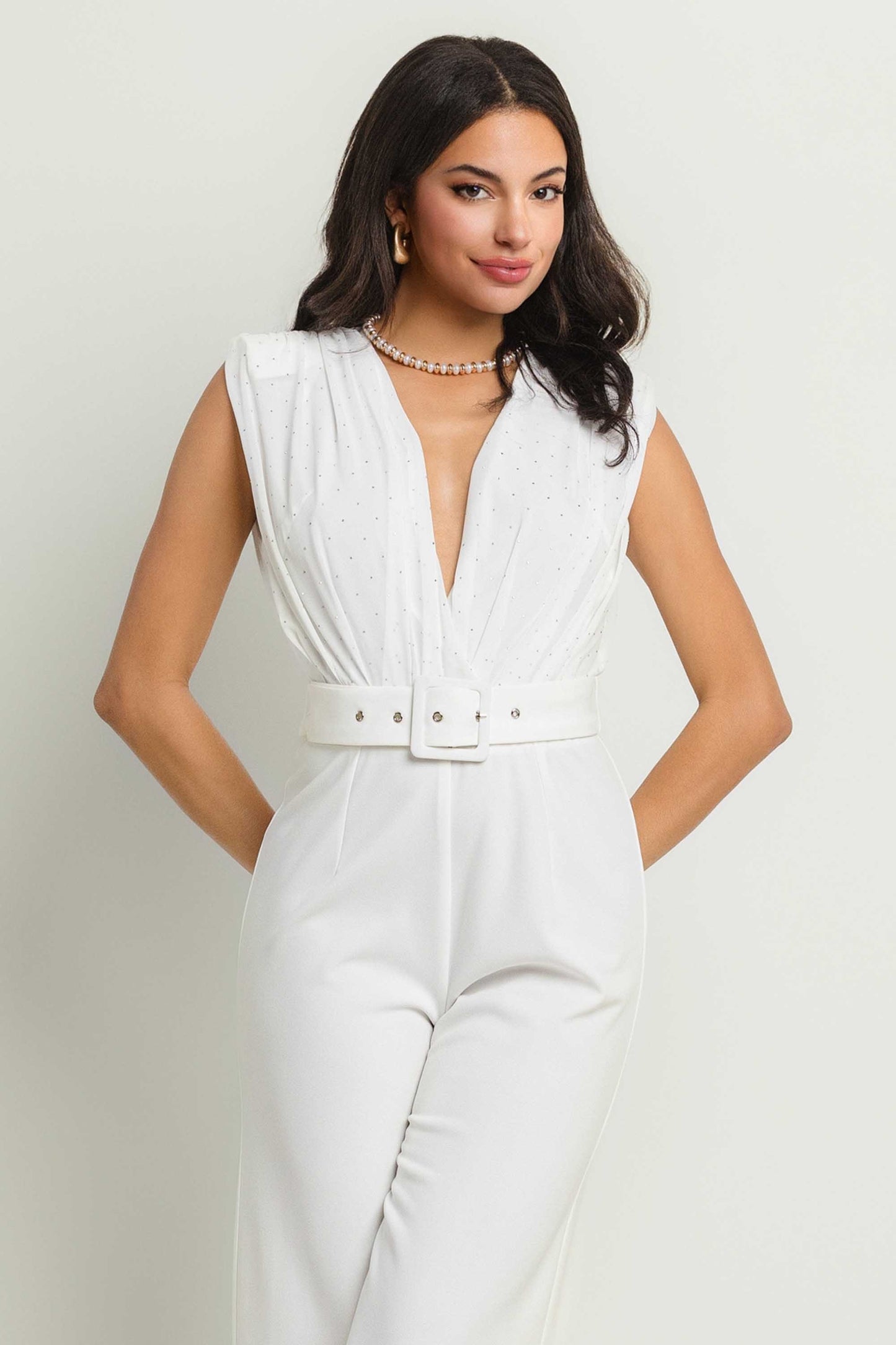 studded double v chiffon top belted jumpsuit