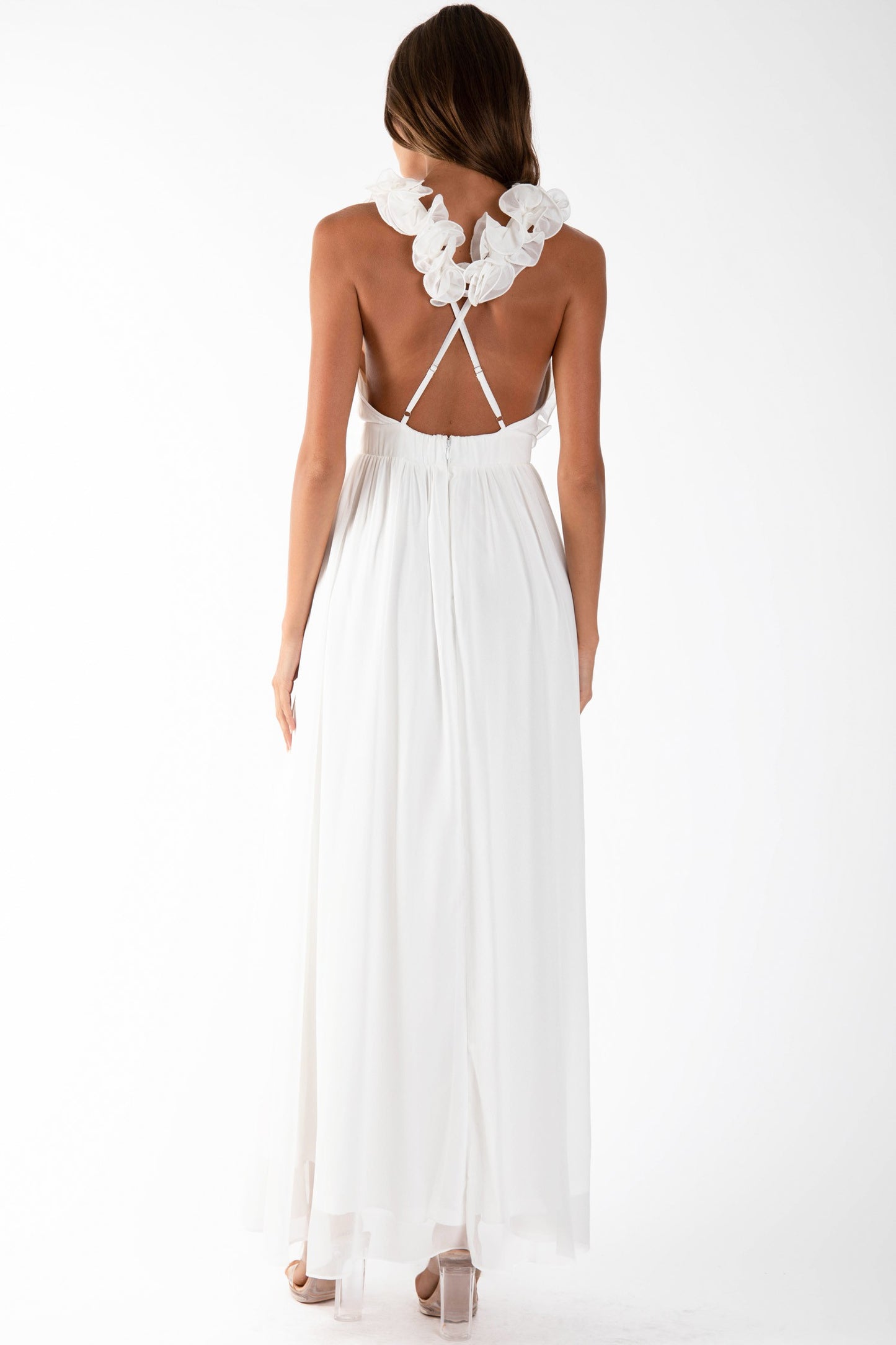 ruffle bust halter maxi dress