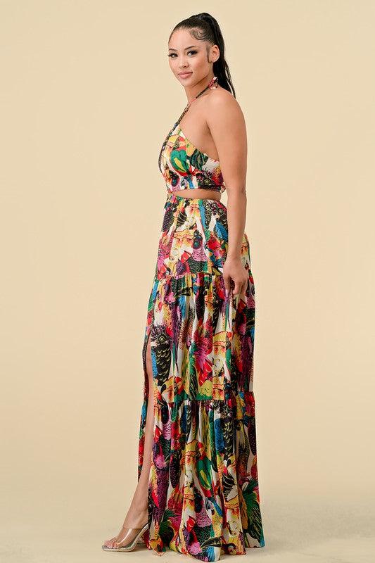 parrot print cut out halter maxi dress - RK Collections Boutique