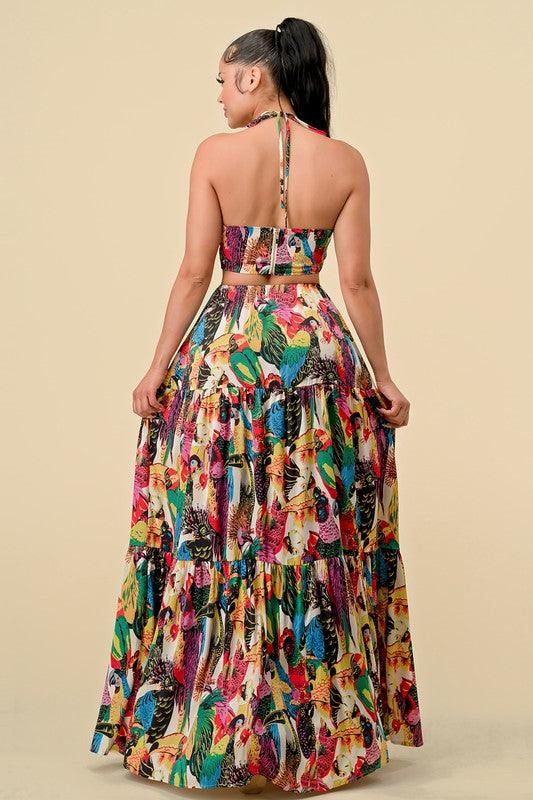 parrot print cut out halter maxi dress - RK Collections Boutique