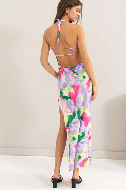 watercolor print sleeveless backless maxi dress