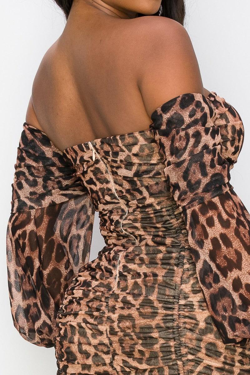 ruched off the shoulder leopard mini dress - RK Collections Boutique