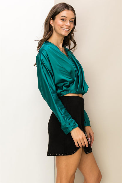 satin double v dolman crop top