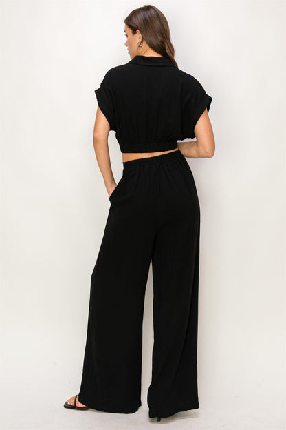 2pc set-surplice crop blouse & pleated high waist pants