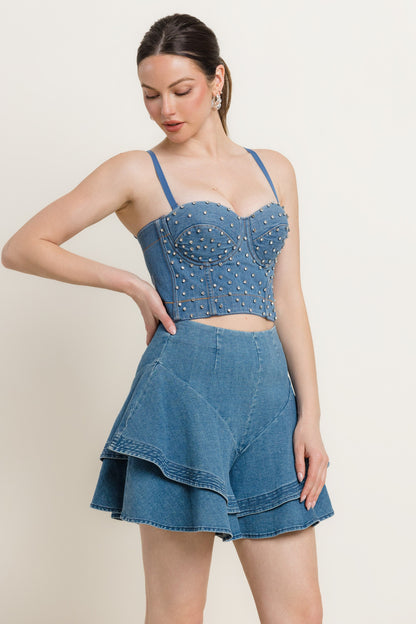 rhinestone studded denim bustier top