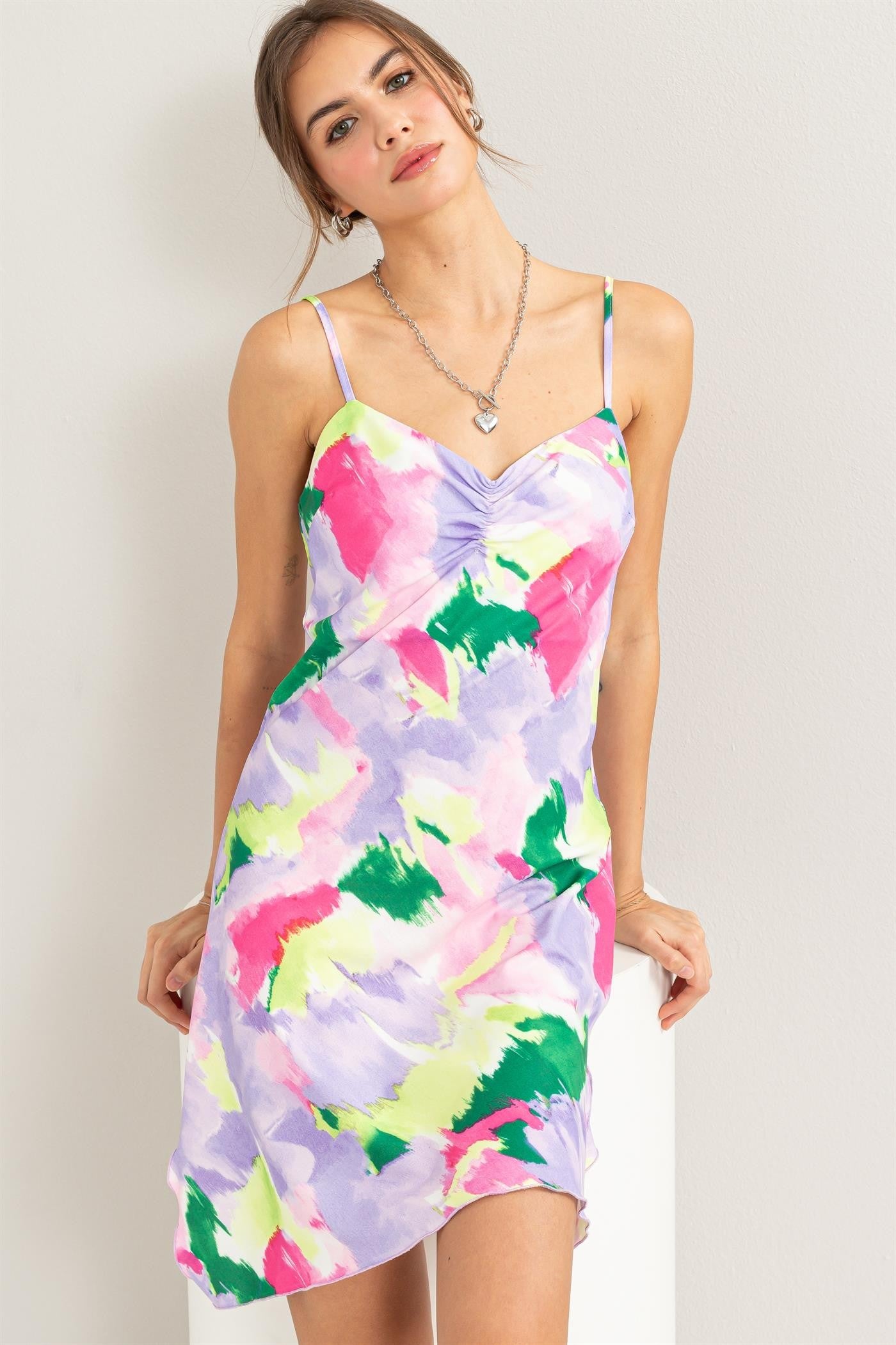 watercolor print diagonal hem sleeveless dress