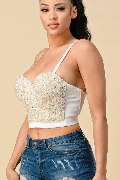 pearl beaded crop bustier top