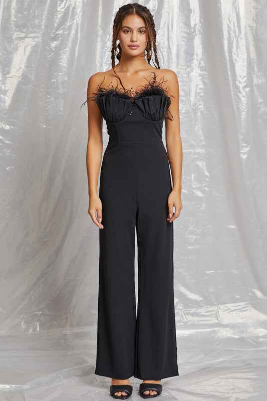 feather bustier strapless jumpsuit