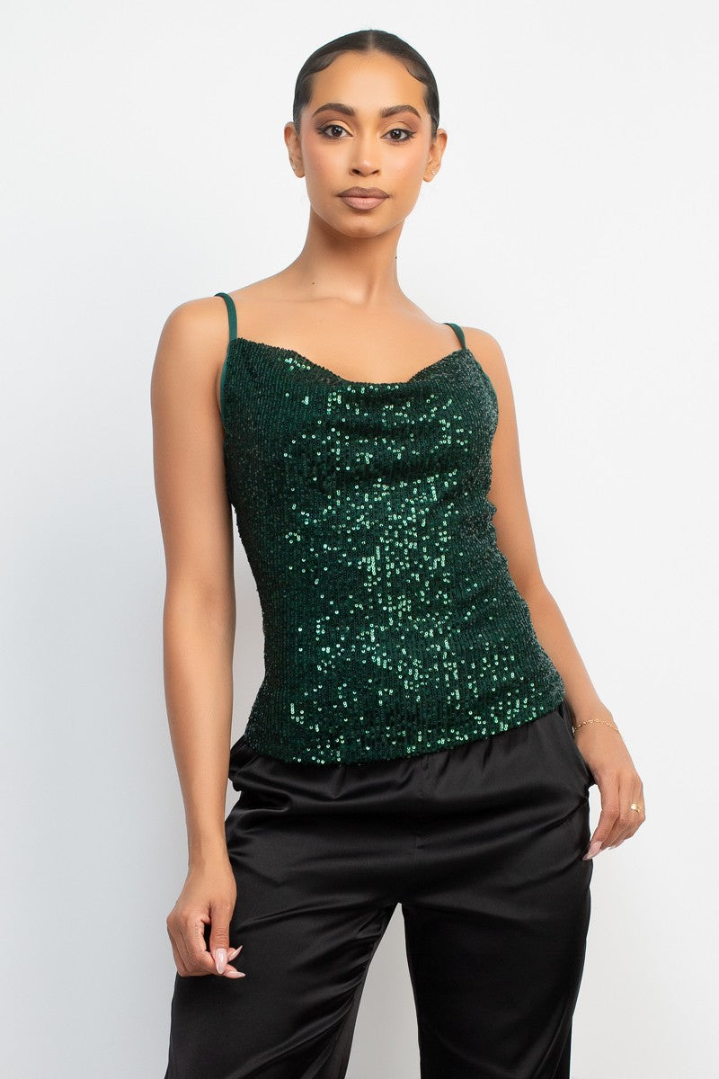 Sequin Cowl Neck Sleeveless Top