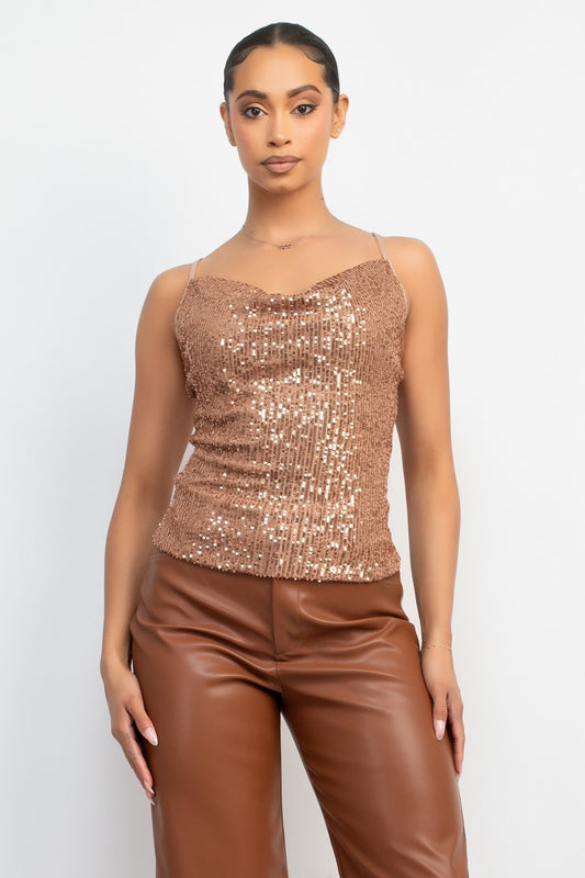 Sequin Cowl Neck Sleeveless Top